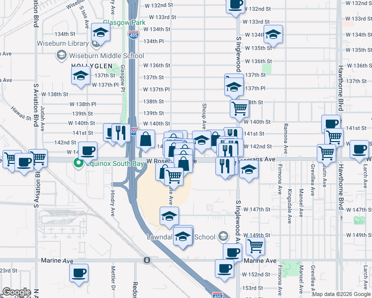 map of restaurants, bars, coffee shops, grocery stores, and more near 5021 West 142nd Street in Hawthorne