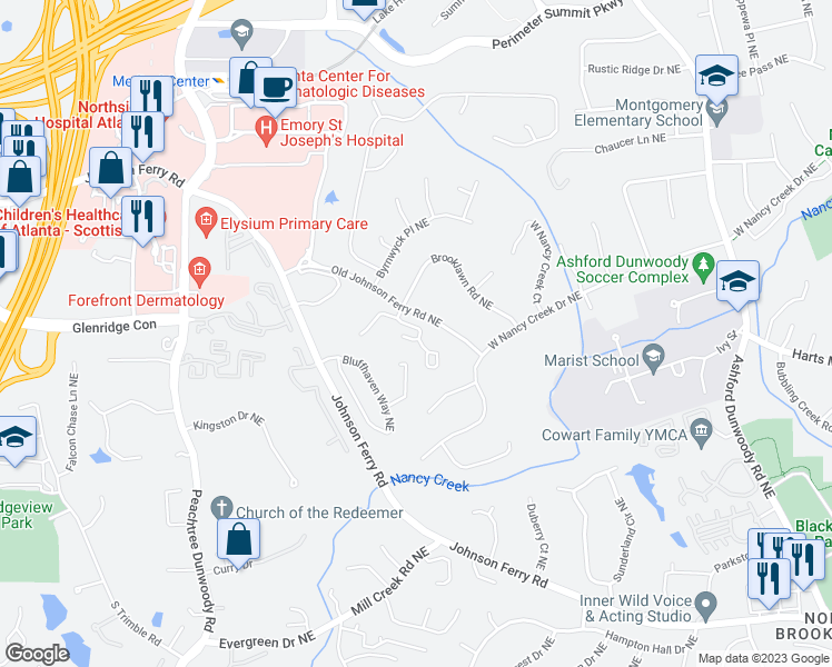 map of restaurants, bars, coffee shops, grocery stores, and more near 1105 Westbrooke Way Northeast in Atlanta