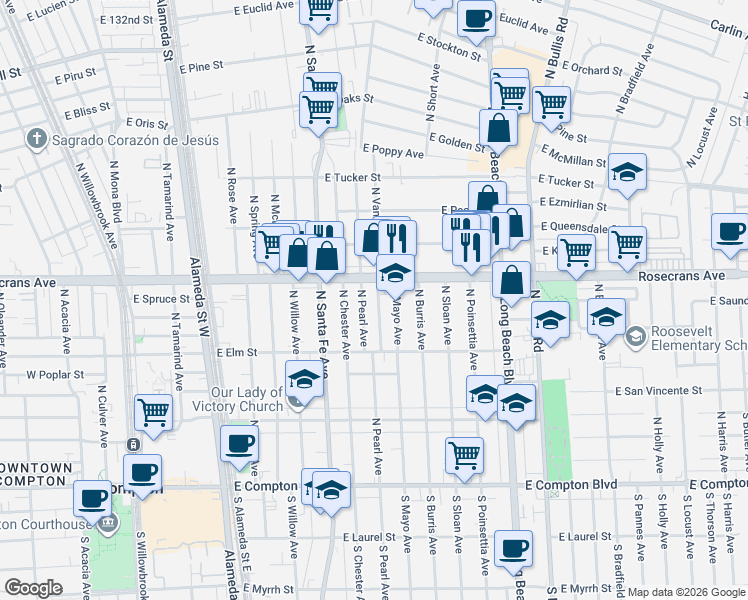 map of restaurants, bars, coffee shops, grocery stores, and more near 718 North Van Ness Avenue in Compton