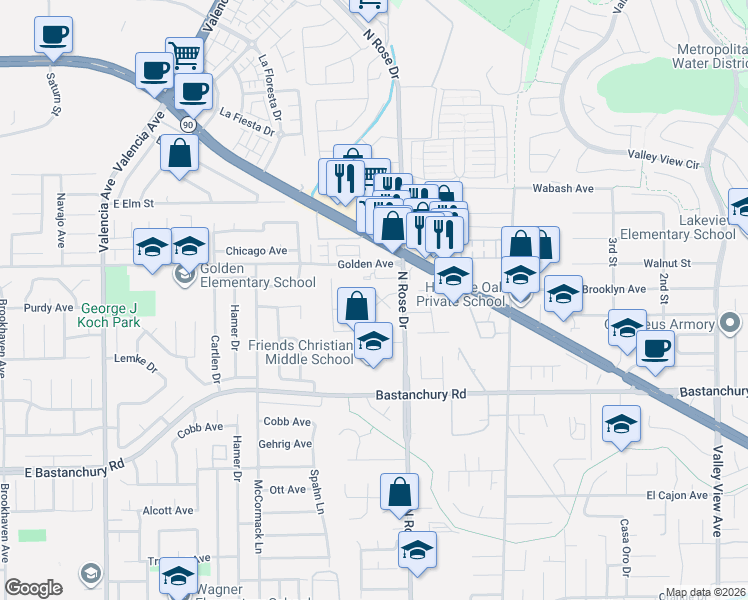 map of restaurants, bars, coffee shops, grocery stores, and more near 16681 Landmark Avenue in Yorba Linda