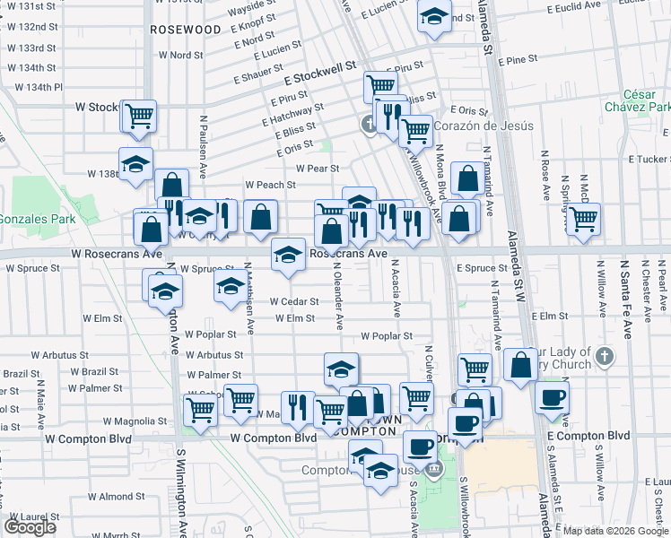 map of restaurants, bars, coffee shops, grocery stores, and more near 806 West Spruce Street in Compton