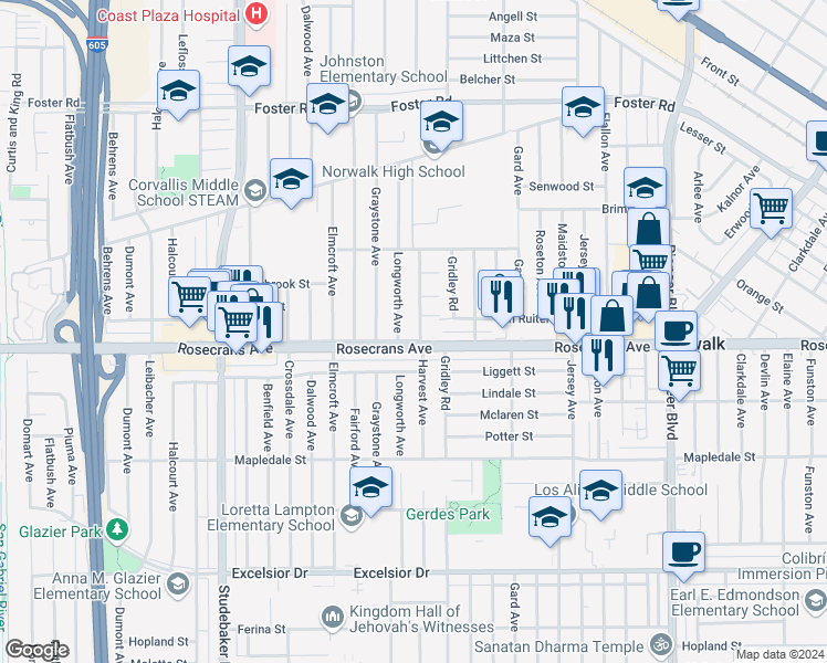 map of restaurants, bars, coffee shops, grocery stores, and more near 14113 Harvest Avenue in Norwalk