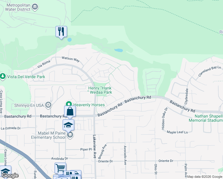 map of restaurants, bars, coffee shops, grocery stores, and more near 4017 Hoosier Lawn Way in Yorba Linda