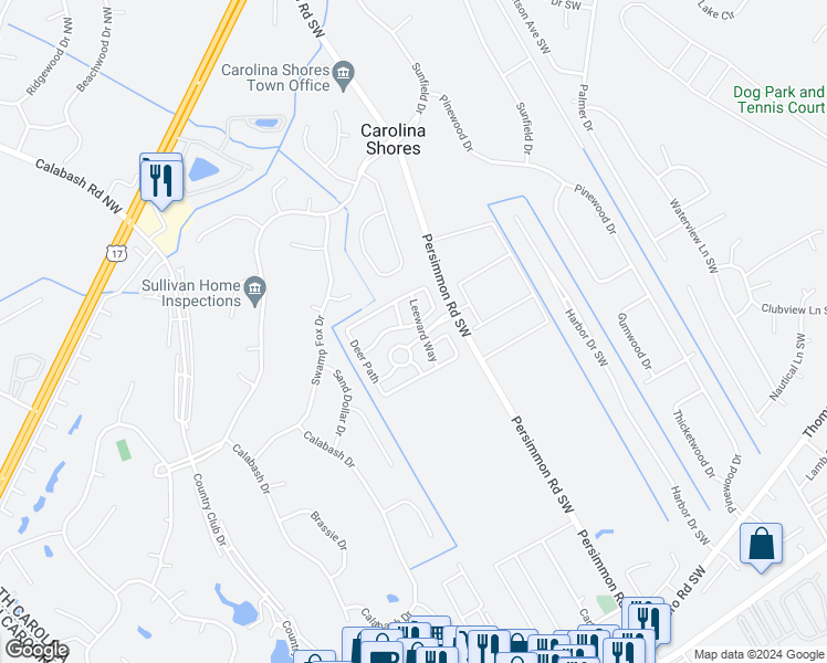 map of restaurants, bars, coffee shops, grocery stores, and more near 493 Pepper Breeze Avenue Southwest in Calabash