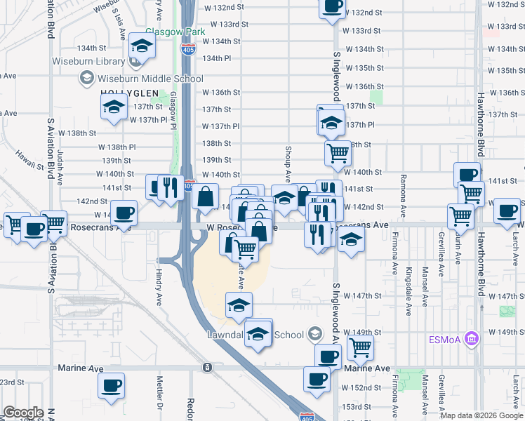 map of restaurants, bars, coffee shops, grocery stores, and more near 5002 West 142nd Street in Hawthorne