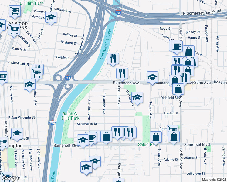 map of restaurants, bars, coffee shops, grocery stores, and more near 6819 San Rafael Street in Paramount