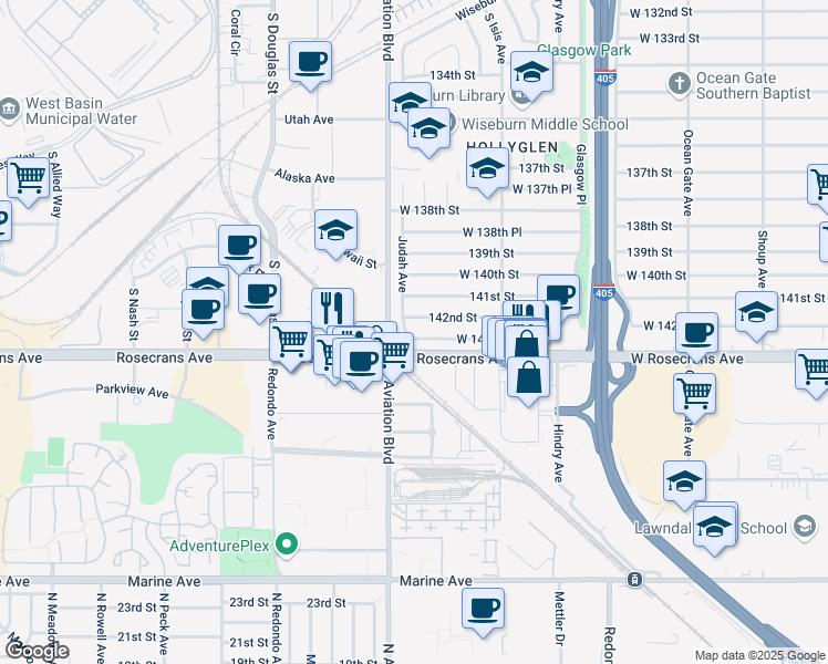 map of restaurants, bars, coffee shops, grocery stores, and more near 5516 142nd Street in Hawthorne