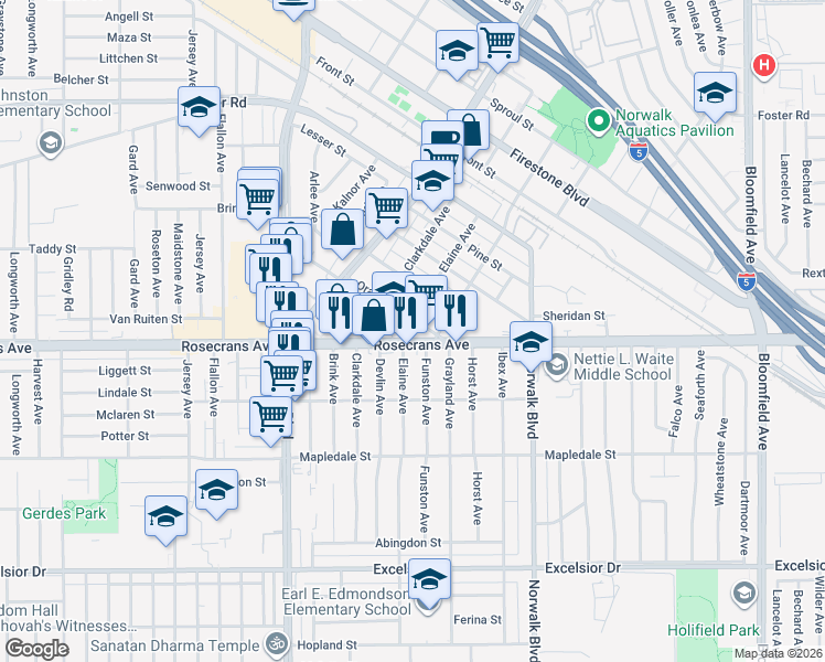map of restaurants, bars, coffee shops, grocery stores, and more near 12049 Orange Street in Norwalk