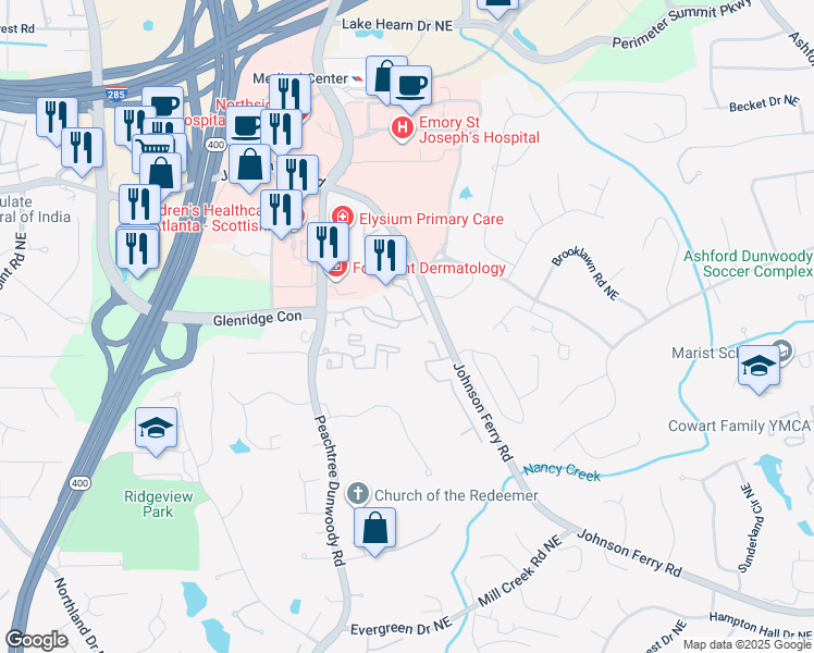 map of restaurants, bars, coffee shops, grocery stores, and more near 1203 Glenridge Place Northeast in Atlanta