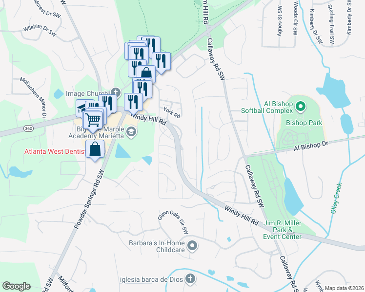 map of restaurants, bars, coffee shops, grocery stores, and more near 71 Oxford Road in Marietta