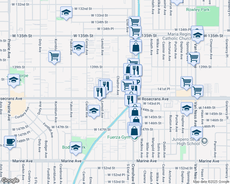 map of restaurants, bars, coffee shops, grocery stores, and more near 14115 Chadron Avenue in Hawthorne