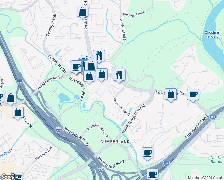 map of restaurants, bars, coffee shops, grocery stores, and more near 1250 Parkwood Circle Southeast in Atlanta