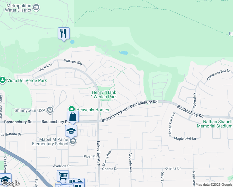 map of restaurants, bars, coffee shops, grocery stores, and more near 4017 Hoosier Lawn Way in Yorba Linda