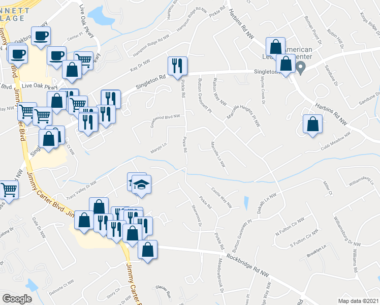 map of restaurants, bars, coffee shops, grocery stores, and more near 1314 Pirkle Road in Norcross