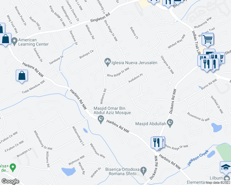 map of restaurants, bars, coffee shops, grocery stores, and more near 5282 Audubon Place in Norcross