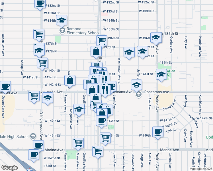 map of restaurants, bars, coffee shops, grocery stores, and more near 4384 West 142nd Street in Hawthorne