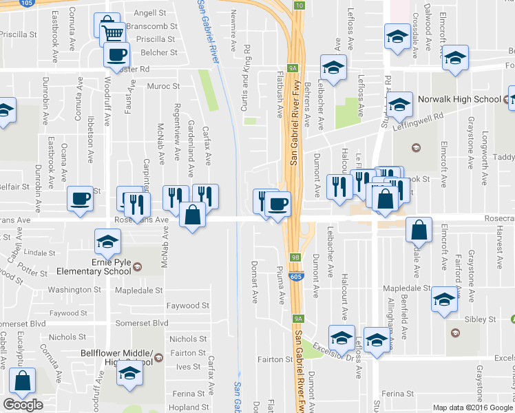 map of restaurants, bars, coffee shops, grocery stores, and more near 10633 Lakefront Drive in Norwalk