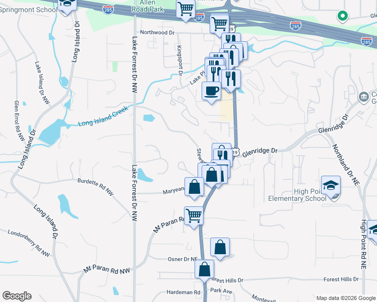 map of restaurants, bars, coffee shops, grocery stores, and more near 165 Stewart Drive Northeast in Atlanta