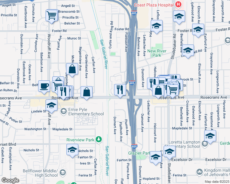 map of restaurants, bars, coffee shops, grocery stores, and more near 10633 Lakefront Drive in Norwalk