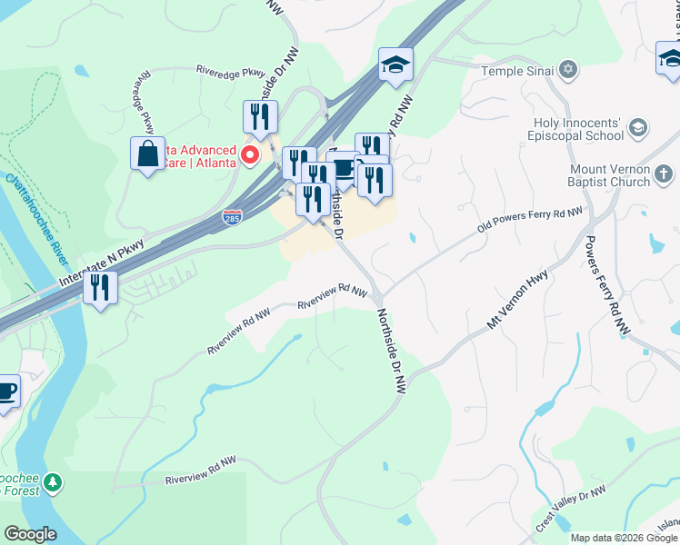 map of restaurants, bars, coffee shops, grocery stores, and more near 5320 Riverview Road Northwest in Atlanta