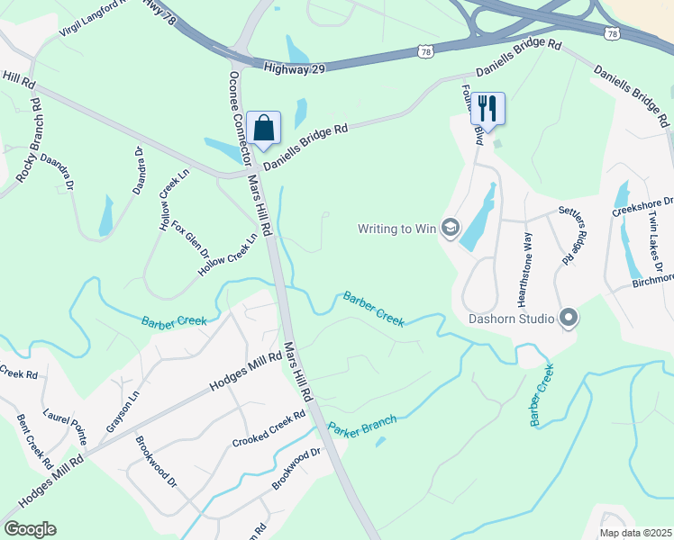 map of restaurants, bars, coffee shops, grocery stores, and more near 1080 Barber Creek Drive in Watkinsville