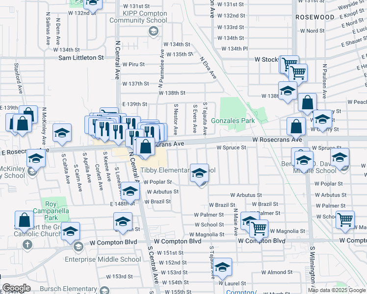 map of restaurants, bars, coffee shops, grocery stores, and more near 1422 West Rosecrans Avenue in Compton