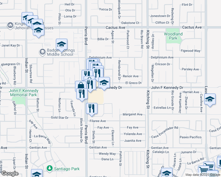 map of restaurants, bars, coffee shops, grocery stores, and more near 25179 El Greco Drive in Moreno Valley