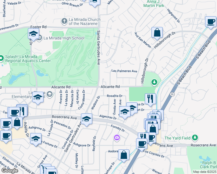 map of restaurants, bars, coffee shops, grocery stores, and more near 14127 Las Puertas Street in La Mirada