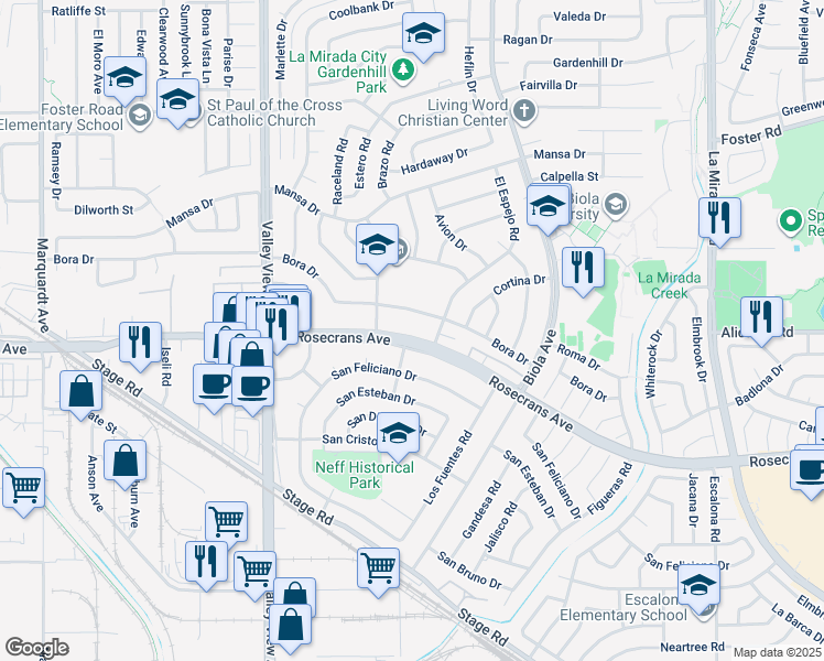 map of restaurants, bars, coffee shops, grocery stores, and more near 14460 Bora Drive in La Mirada