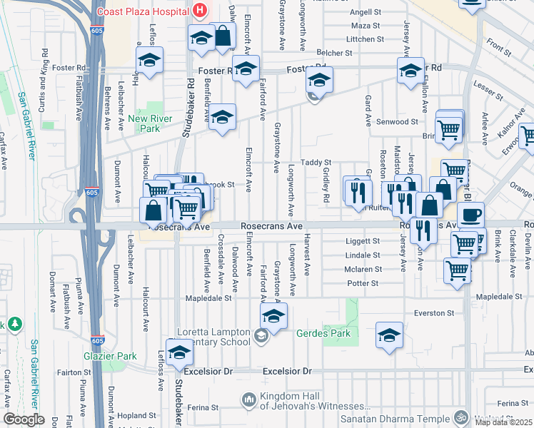 map of restaurants, bars, coffee shops, grocery stores, and more near 14107 Fairford Avenue in Norwalk