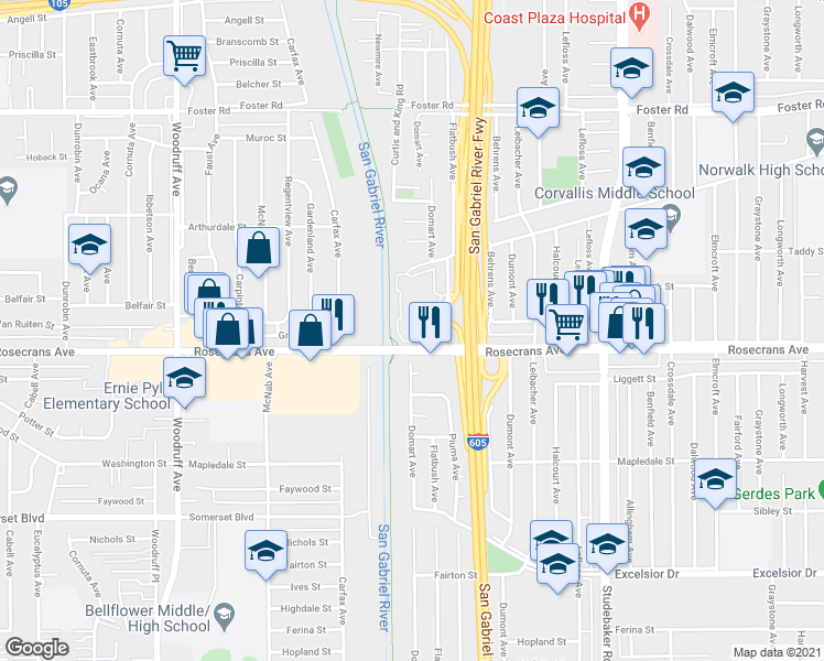 map of restaurants, bars, coffee shops, grocery stores, and more near 10633 Lakefront Drive in Norwalk