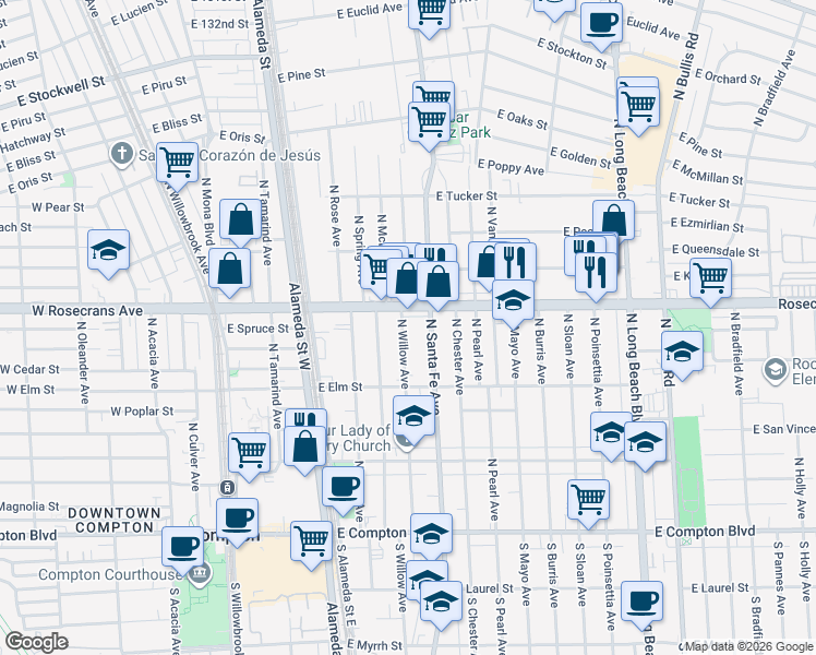map of restaurants, bars, coffee shops, grocery stores, and more near in Compton