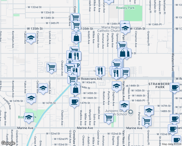 map of restaurants, bars, coffee shops, grocery stores, and more near 2716 141st Place in Gardena
