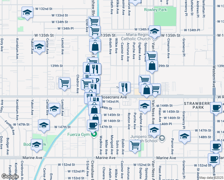 map of restaurants, bars, coffee shops, grocery stores, and more near 2911 141st Place in Gardena