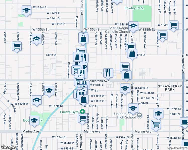 map of restaurants, bars, coffee shops, grocery stores, and more near 2911 141st Place in Gardena