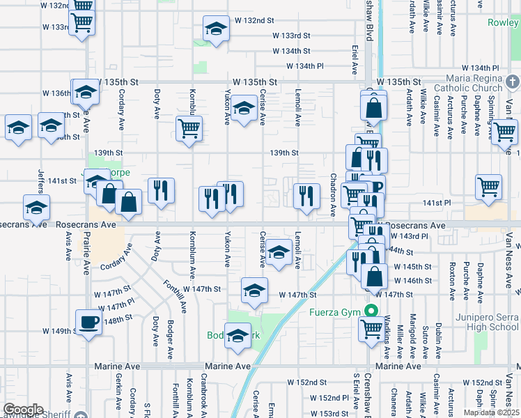map of restaurants, bars, coffee shops, grocery stores, and more near 14115 Cerise Avenue in Hawthorne