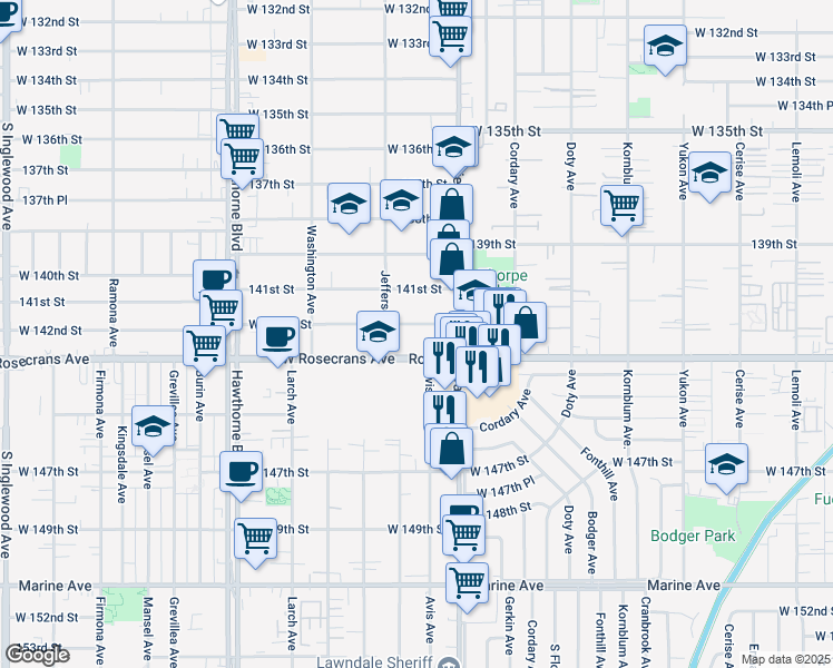 map of restaurants, bars, coffee shops, grocery stores, and more near 4068 142nd Street in Hawthorne