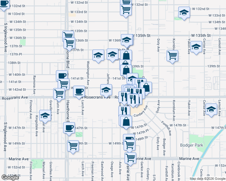 map of restaurants, bars, coffee shops, grocery stores, and more near 4068 142nd Street in Hawthorne