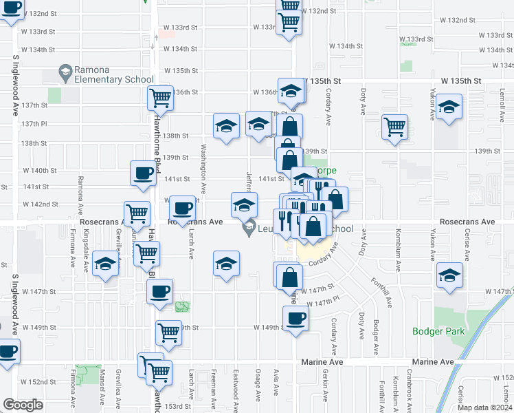 map of restaurants, bars, coffee shops, grocery stores, and more near 4068 142nd Street in Hawthorne