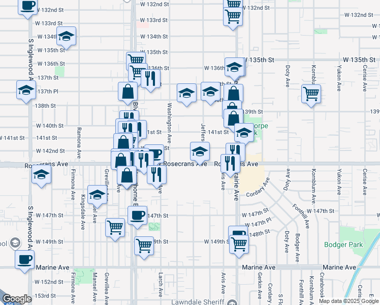 map of restaurants, bars, coffee shops, grocery stores, and more near 4217 West 142nd Street in Hawthorne