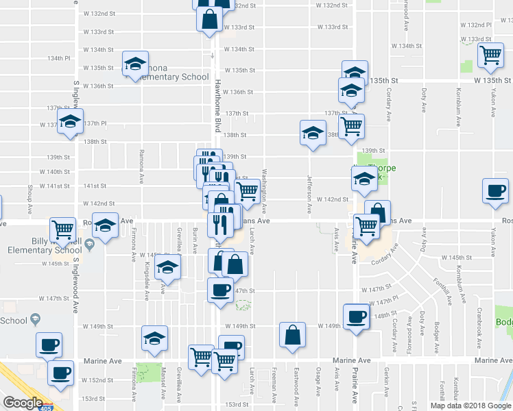 map of restaurants, bars, coffee shops, grocery stores, and more near 4321 West 142nd Street in Hawthorne