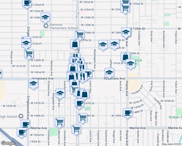 map of restaurants, bars, coffee shops, grocery stores, and more near 4321 West 142nd Street in Hawthorne