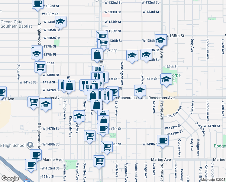 map of restaurants, bars, coffee shops, grocery stores, and more near 4384 West 142nd Street in Hawthorne