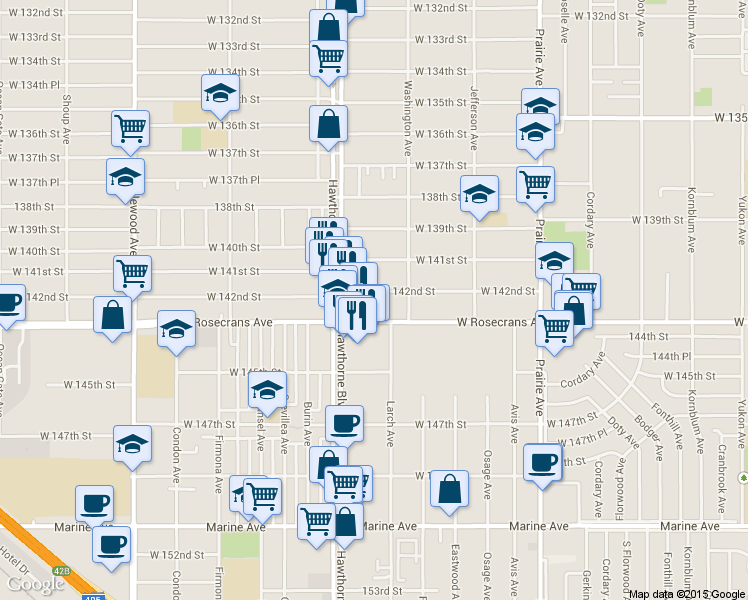 map of restaurants, bars, coffee shops, grocery stores, and more near 4384 West 142nd Street in Hawthorne