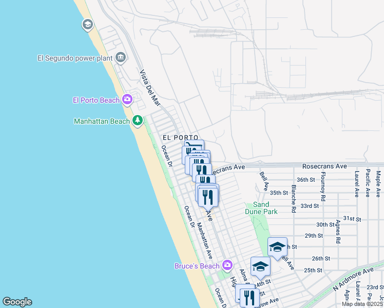 map of restaurants, bars, coffee shops, grocery stores, and more near 3917 Crest Drive in Manhattan Beach