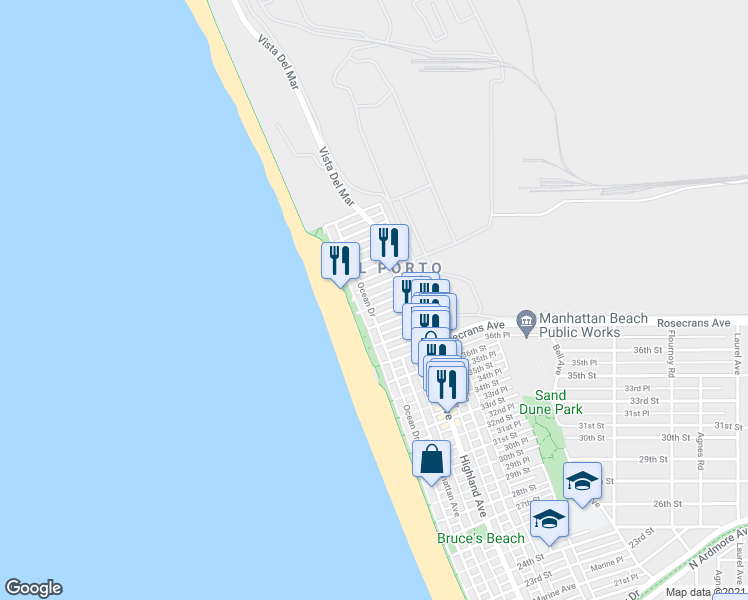 map of restaurants, bars, coffee shops, grocery stores, and more near 4102 Ocean Drive in Manhattan Beach