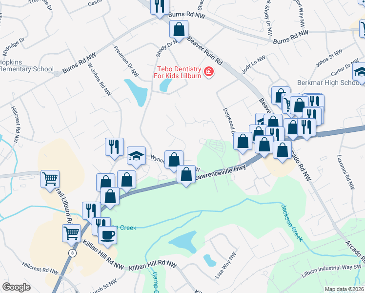 map of restaurants, bars, coffee shops, grocery stores, and more near 524 Harvard Drive Northwest in Lilburn