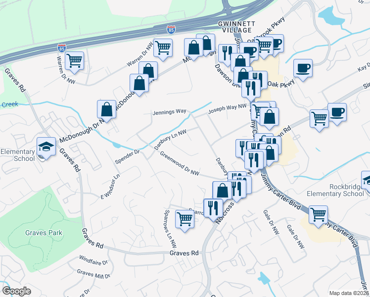 map of restaurants, bars, coffee shops, grocery stores, and more near 1599 Danbury Court Northwest in Norcross