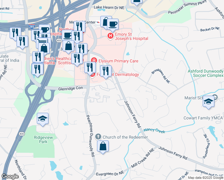 map of restaurants, bars, coffee shops, grocery stores, and more near 1203 Glenridge Place Northeast in Atlanta