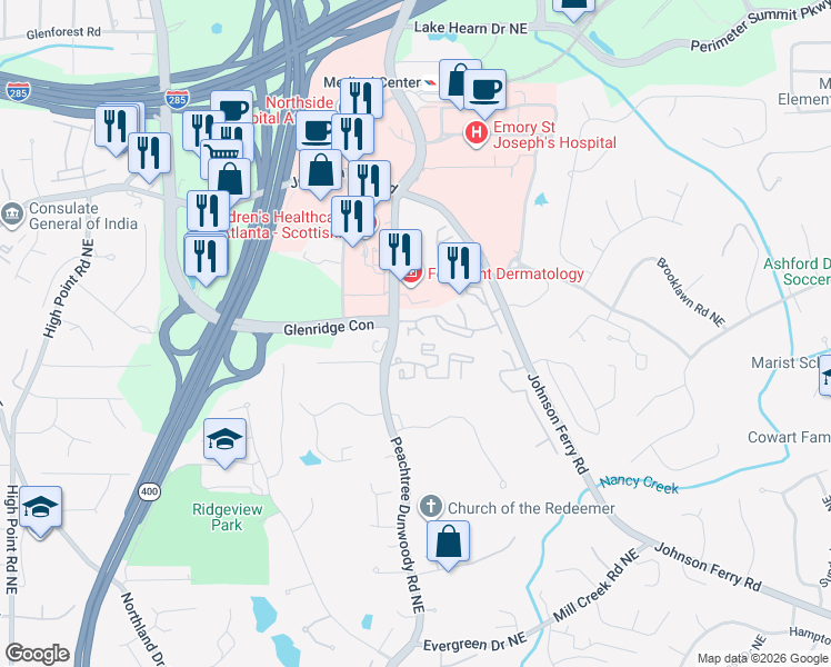 map of restaurants, bars, coffee shops, grocery stores, and more near 5412 Glenridge Cove Northeast in Atlanta